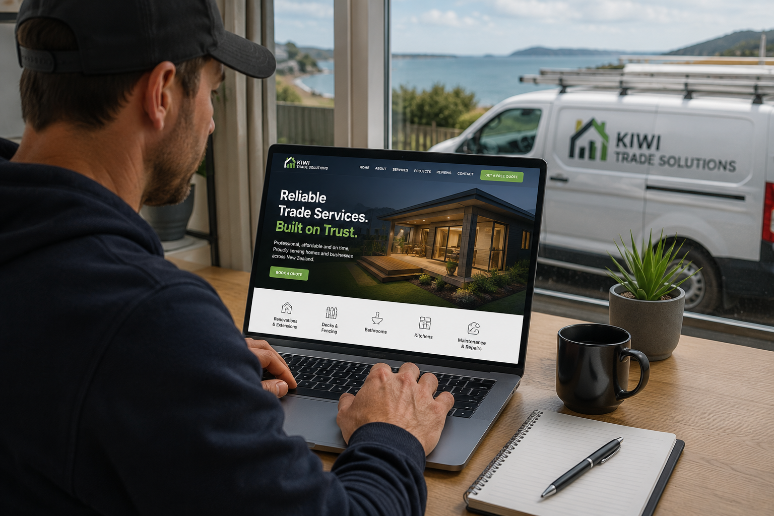 New Zealand tradie viewing a professional trade business website on a laptop