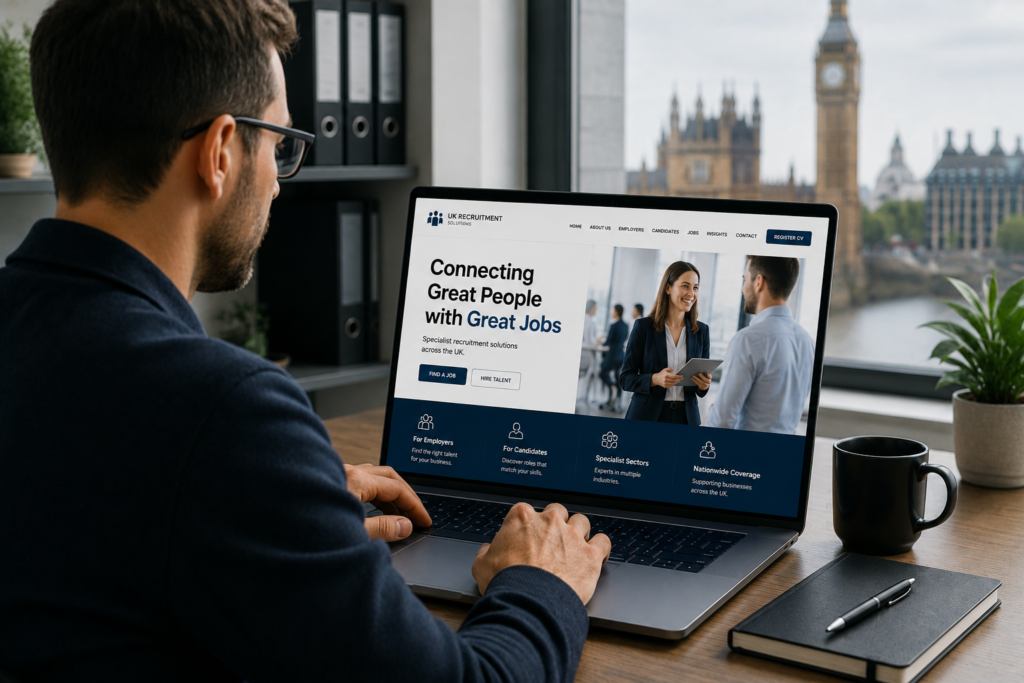 Recruitment professional viewing a modern UK recruitment agency website on a laptop