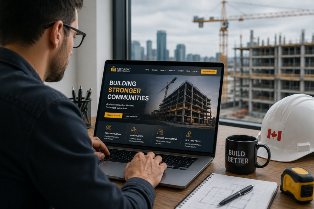 Construction professional viewing a modern construction company website in Canada