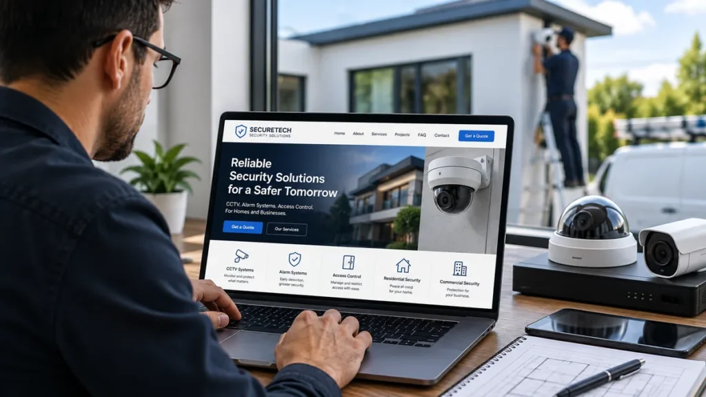 Accountant reviewing a professional business website on a laptop in the UK