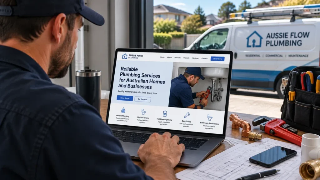 Australian plumber viewing a professional plumbing business website on a laptop